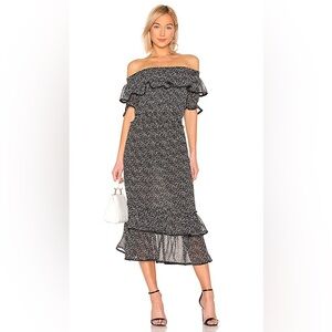 Misa Los Angeles Black and White Off-Shoulder Midi Dress
